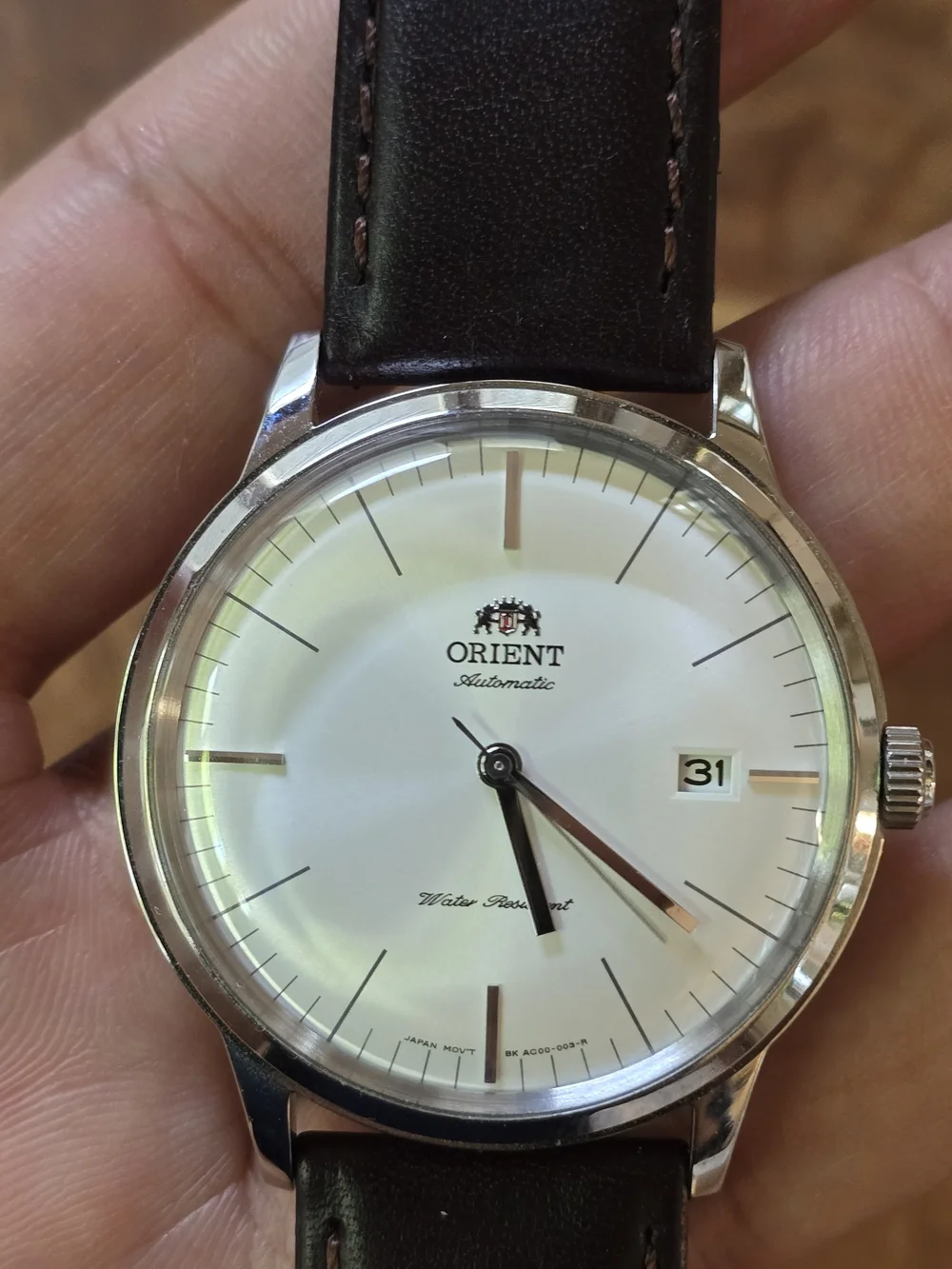 Men's Automatic Watch with Brown Leather Strap and Silver Case Orient Bambino